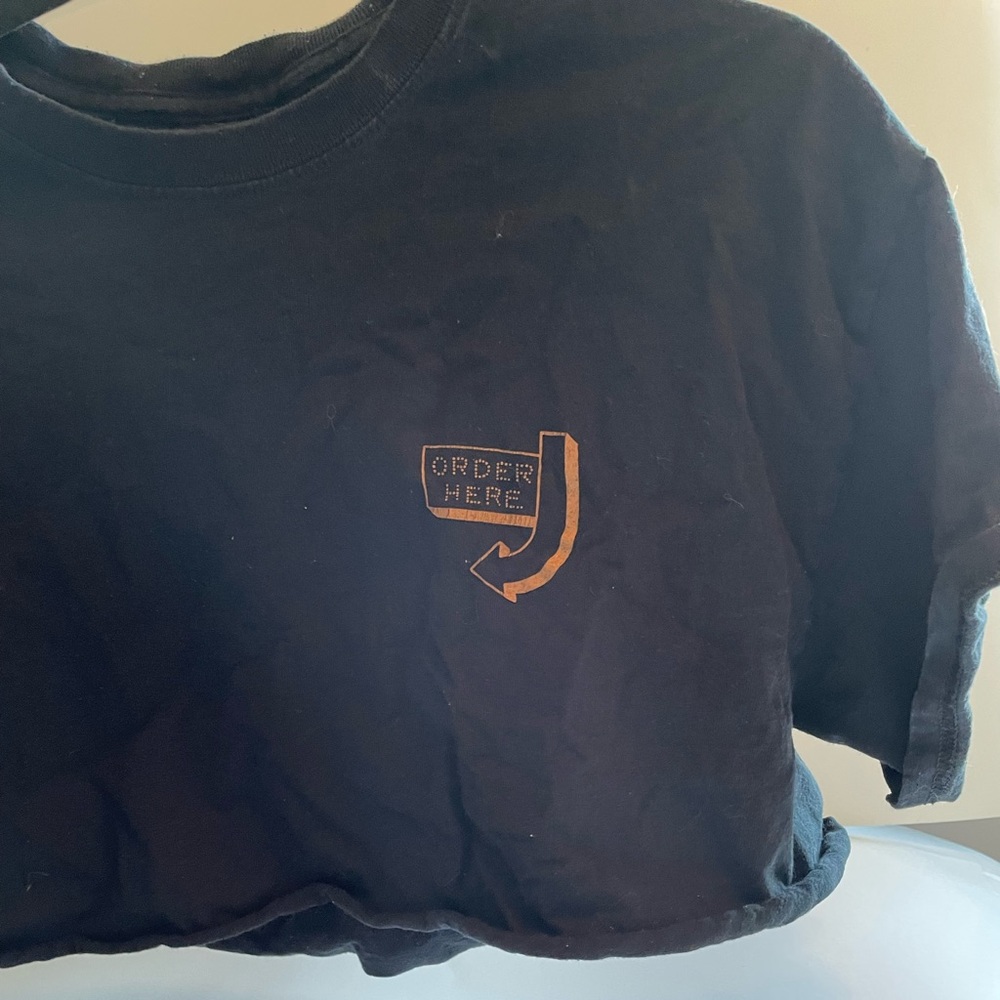 Black PLENTY cropped tee “ order here burger “